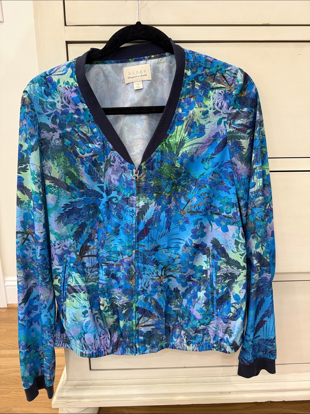 Hinge Blue Floral Bomber Jacket size medium